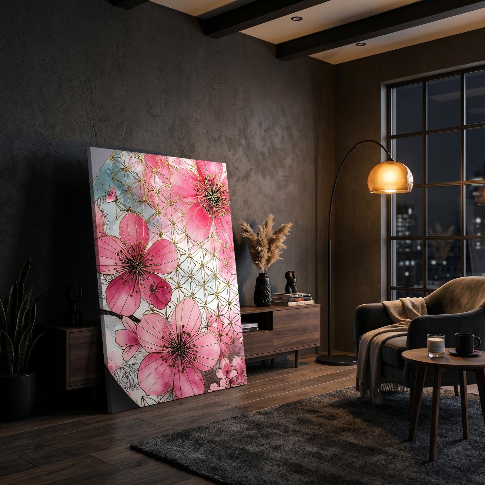 Sacred Geometry Bloom Cherry Blossom Wall Art – styled in a furnished interior