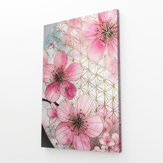 Sacred Geometry Bloom Cherry Blossom Wall Art – angled canvas view on white background