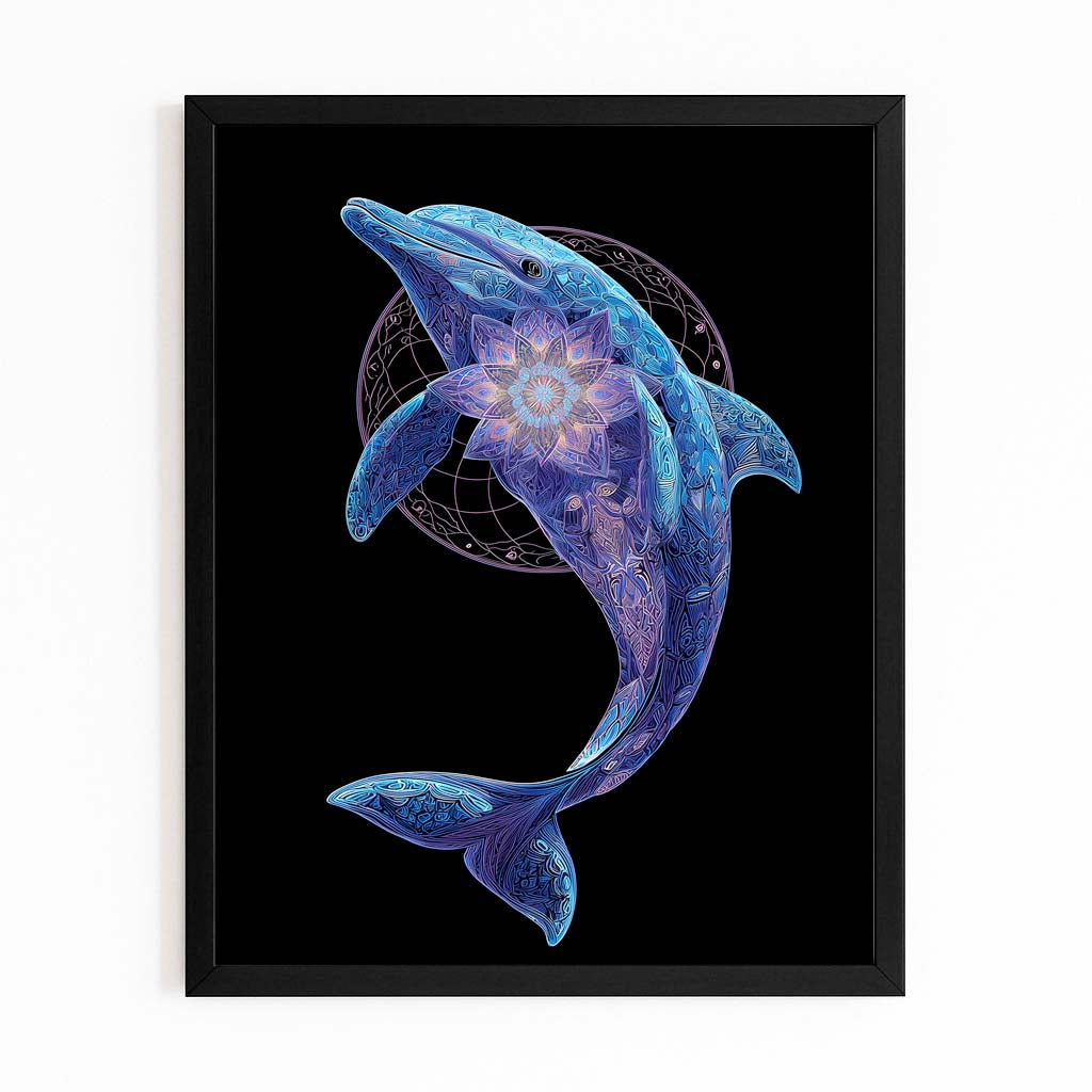 Sacred Geometry Dolphin Art – cosmic blue dolphin leaping before a glowing flower-of-life geometry on black