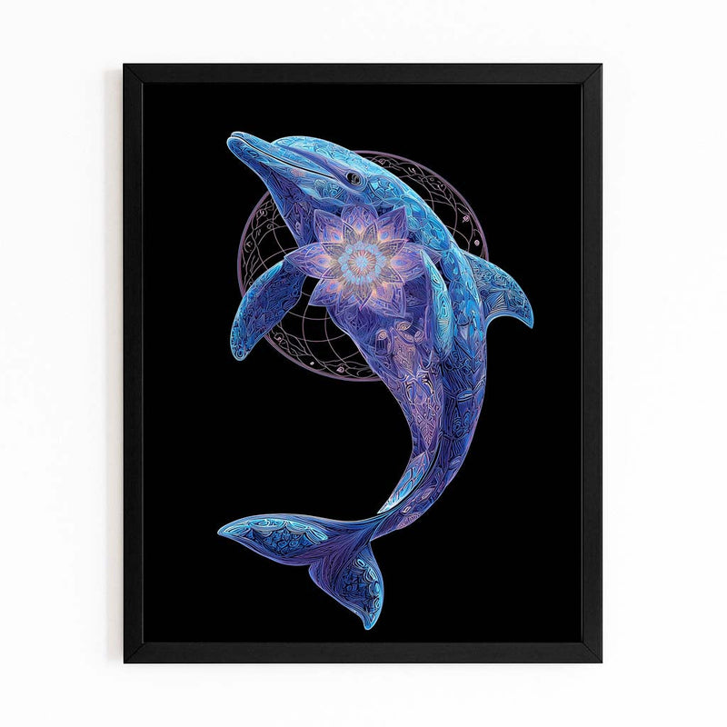 Sacred Geometry Dolphin Art – cosmic blue dolphin leaping before a glowing flower-of-life geometry on black