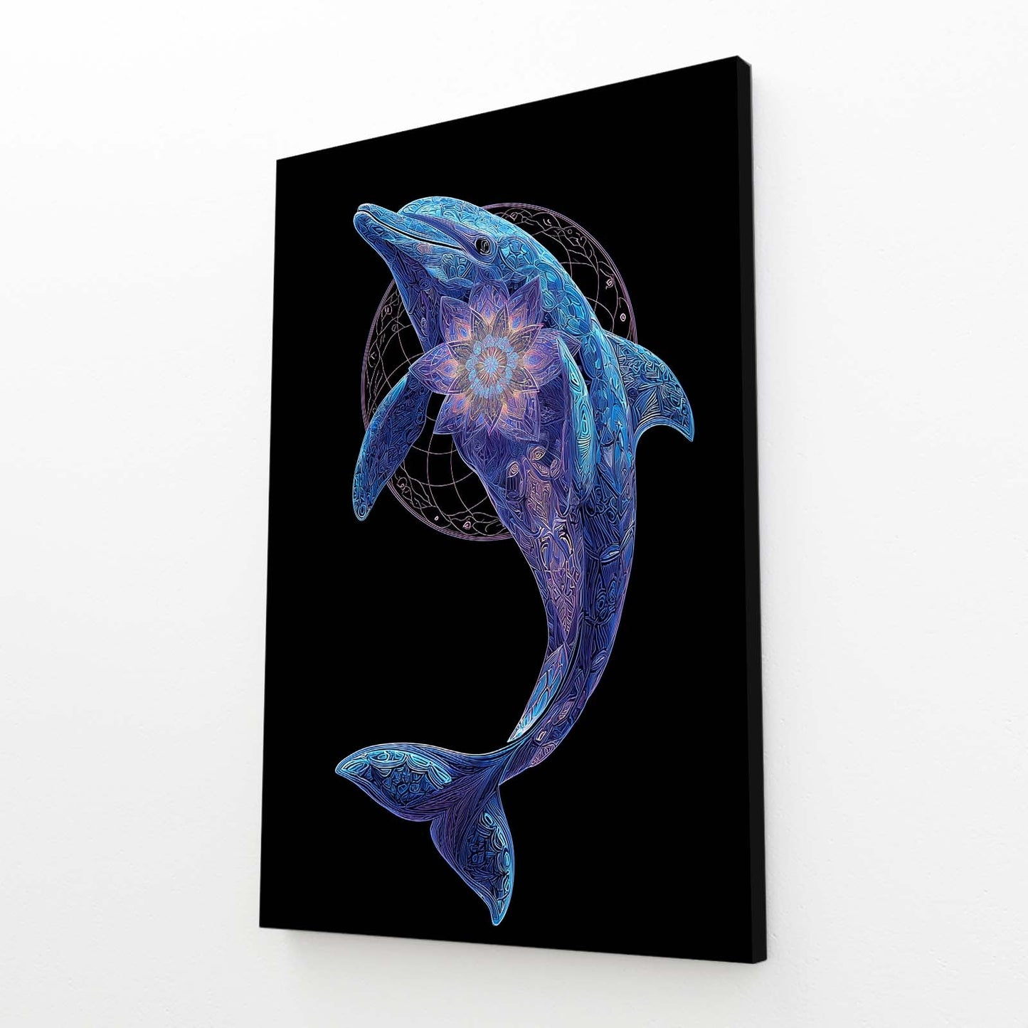 Sacred Geometry Dolphin Art – angled canvas view on white background