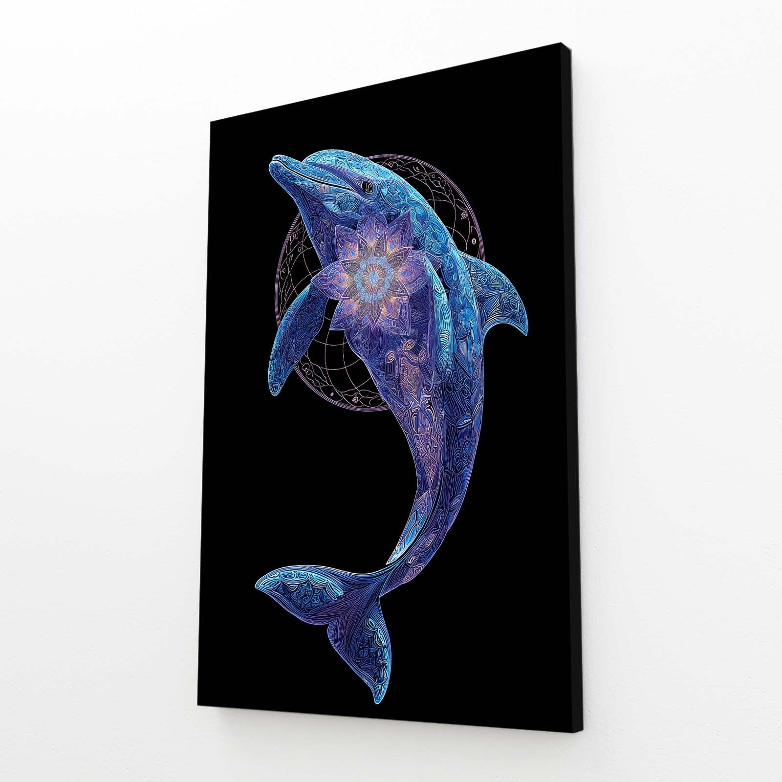 Sacred Geometry Dolphin Art – angled canvas view on white background