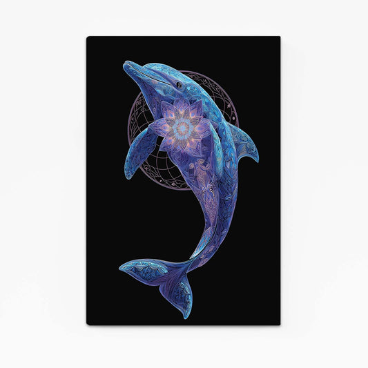 Sacred Geometry Dolphin Art – with Premium Black wood frame on white background