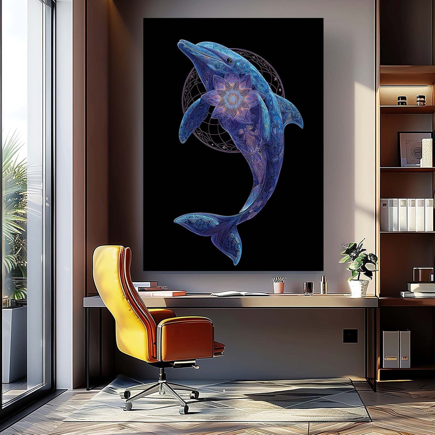 Sacred Geometry Dolphin Art – styled in a furnished interior