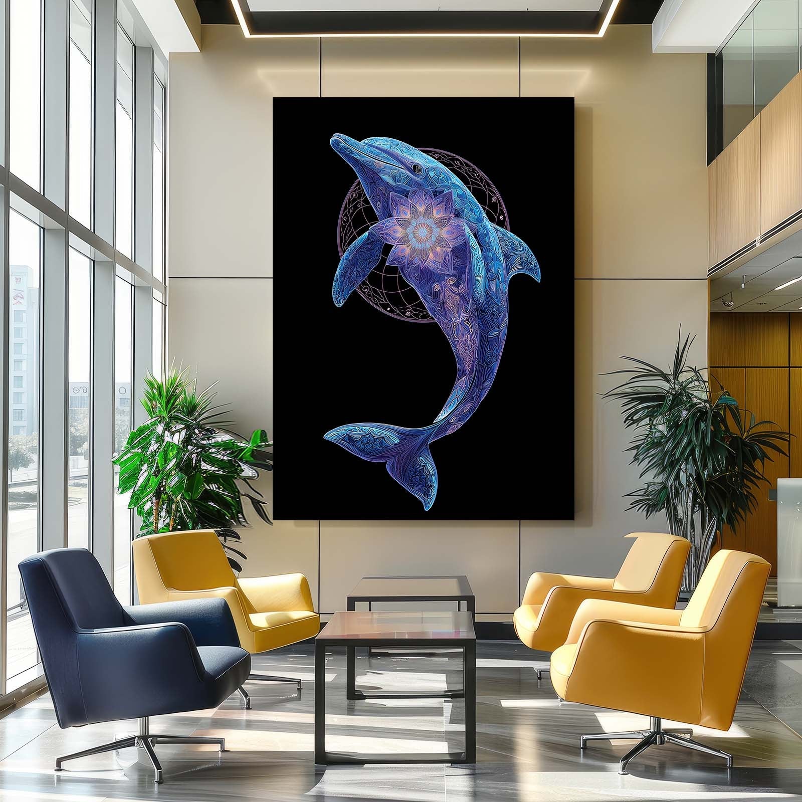 Sacred Geometry Dolphin Art – styled in a furnished interior