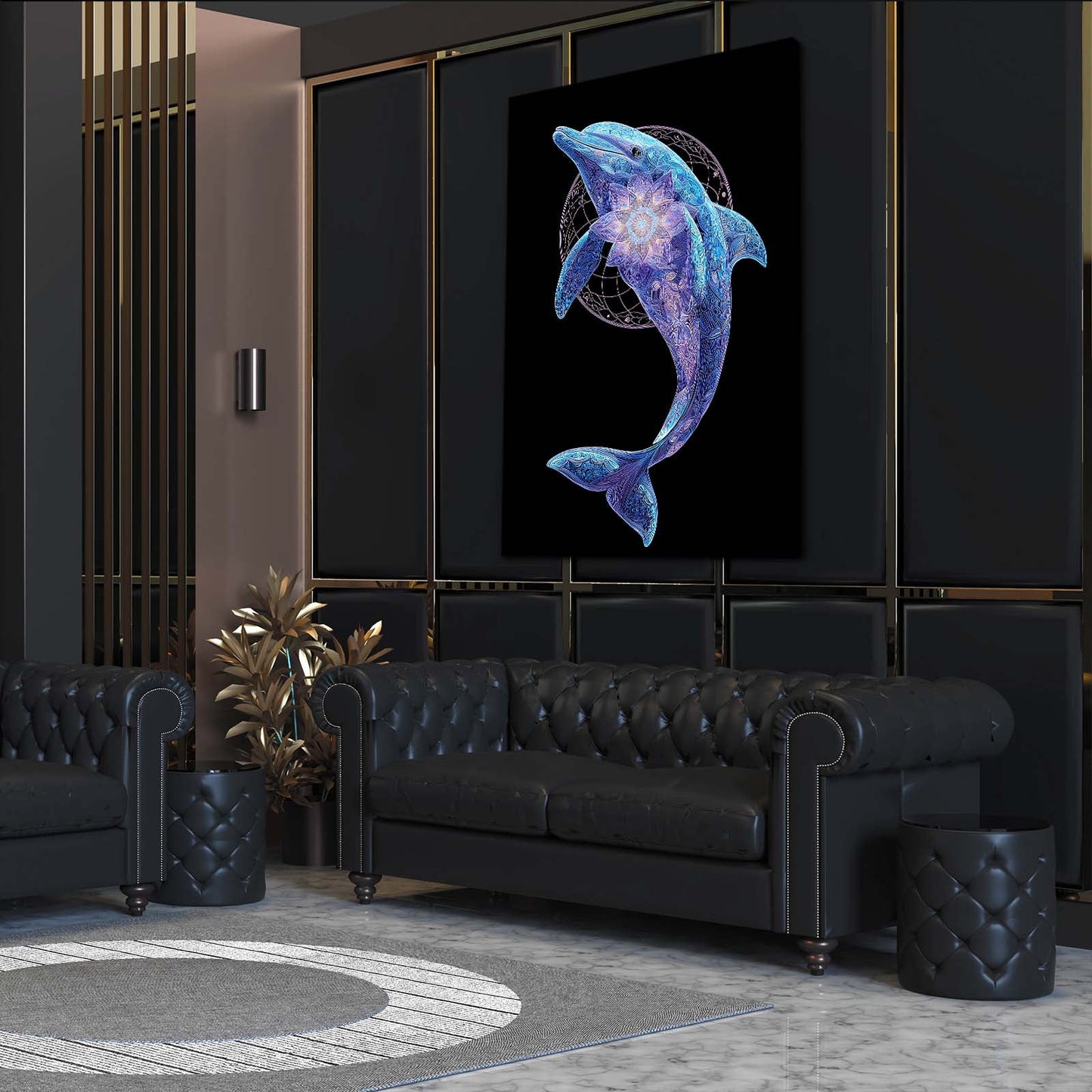 Sacred Geometry Dolphin Art – styled in a furnished interior