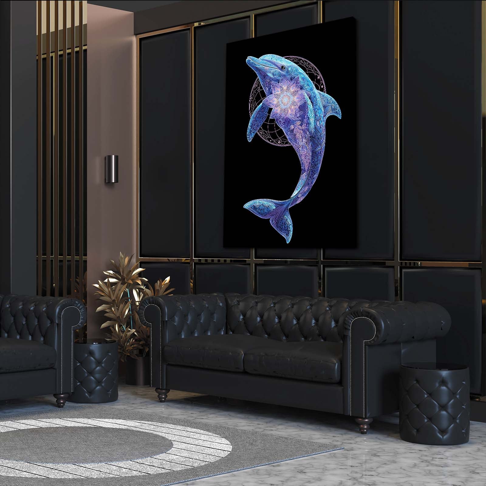 Sacred Geometry Dolphin Art – styled in a furnished interior