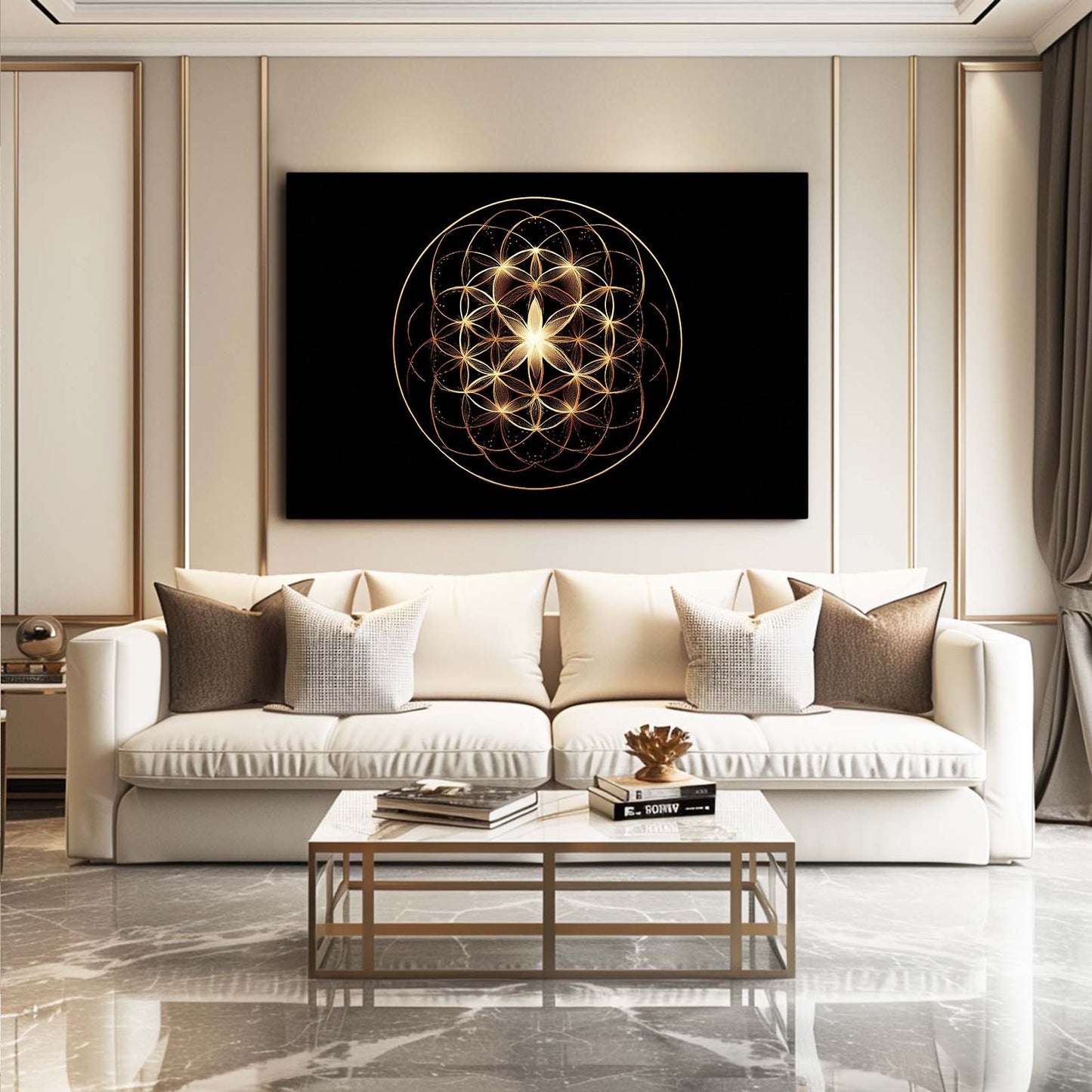Sacred Geometry Orb Gold Wall Art – styled in a furnished interior