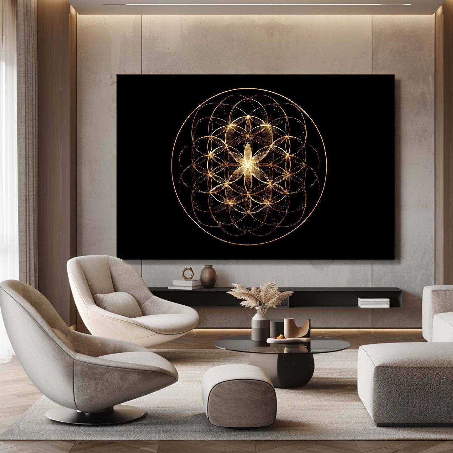 Sacred Geometry Orb Gold Wall Art – styled in a furnished interior