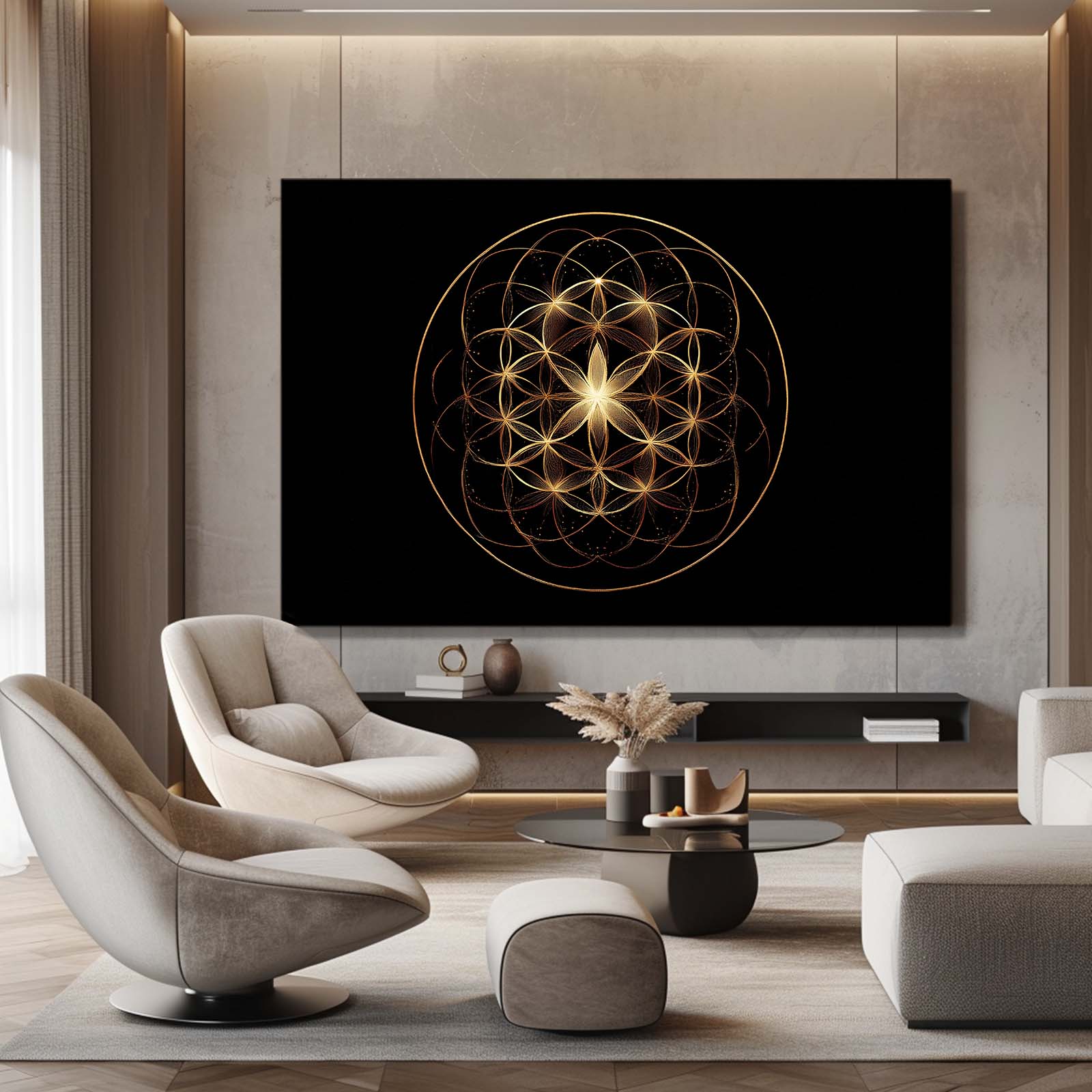 Sacred Geometry Orb Gold Wall Art – styled in a furnished interior