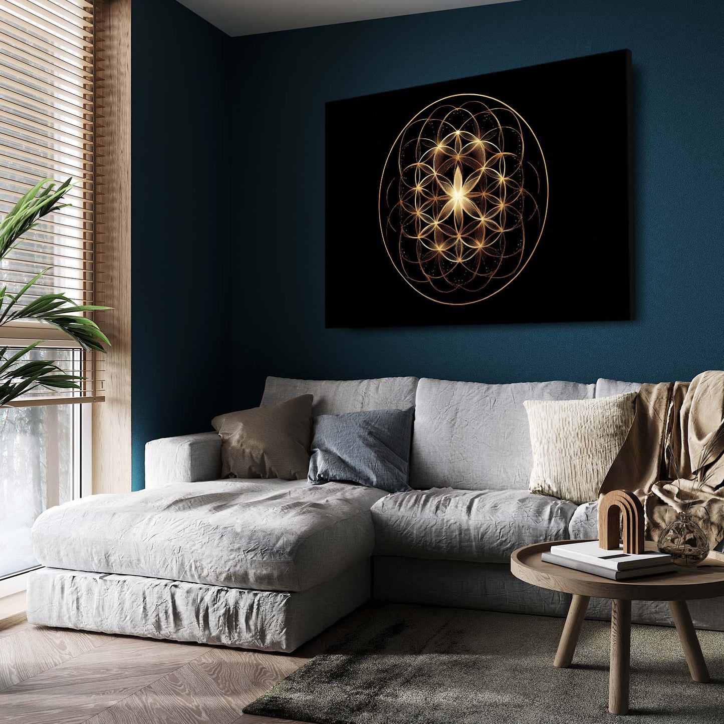 Sacred Geometry Orb Gold Wall Art – styled in a furnished interior