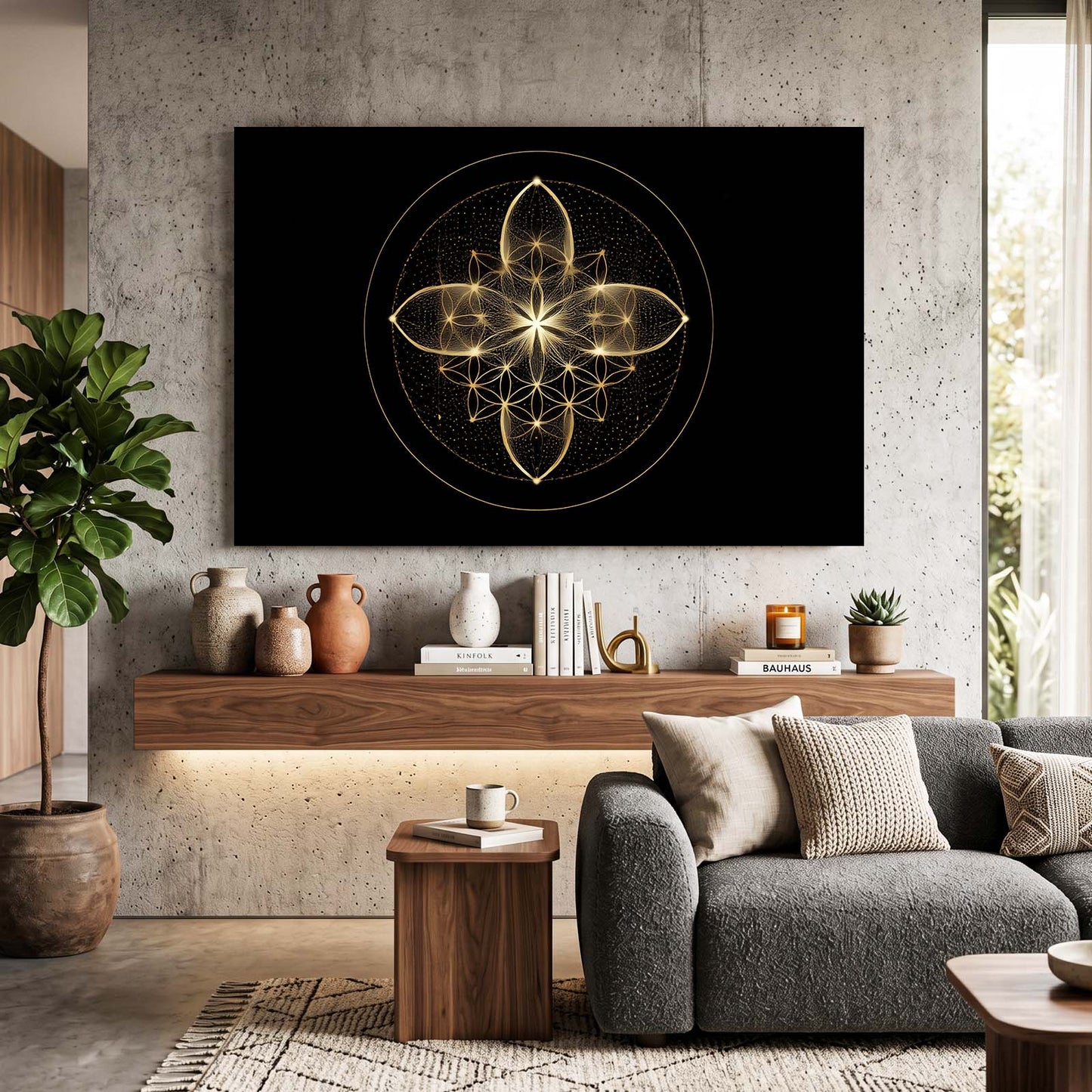 Sacred Gold Emblem Wall Art – styled in a furnished interior