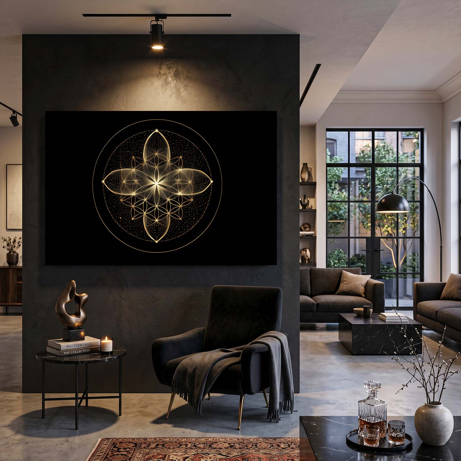 Sacred Gold Emblem Wall Art – styled in a furnished interior