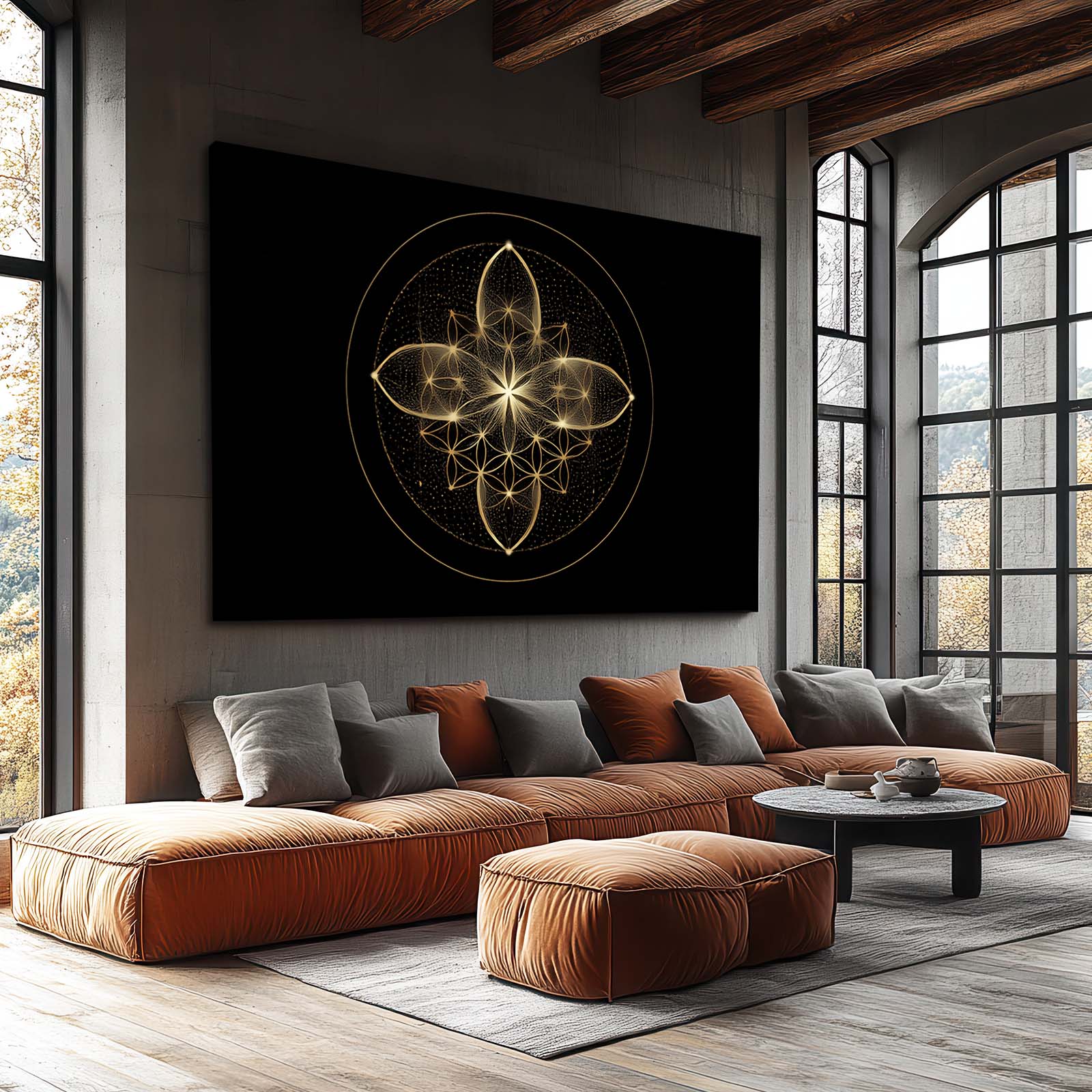 Sacred Gold Emblem Wall Art – styled in a furnished interior