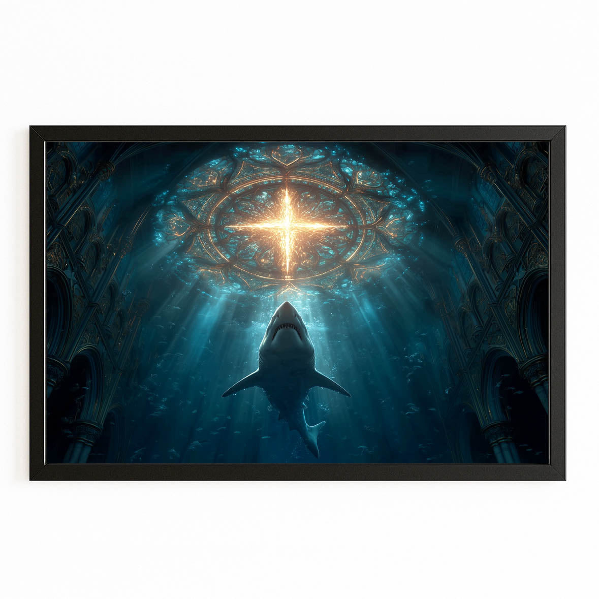 Sacred Light Cathedral Shark Wall Art – with Premium Black frame on white background