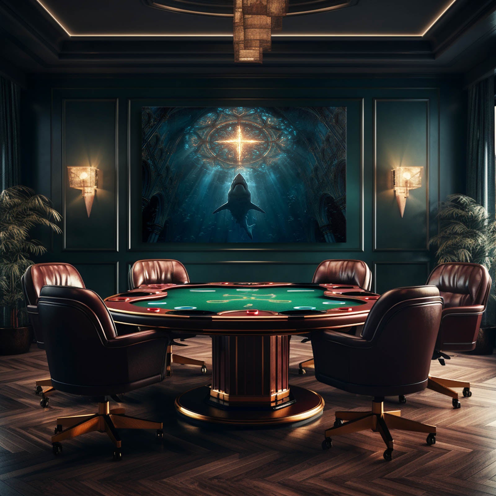 Sacred Light Cathedral Shark Wall Art – styled in a furnished interior
