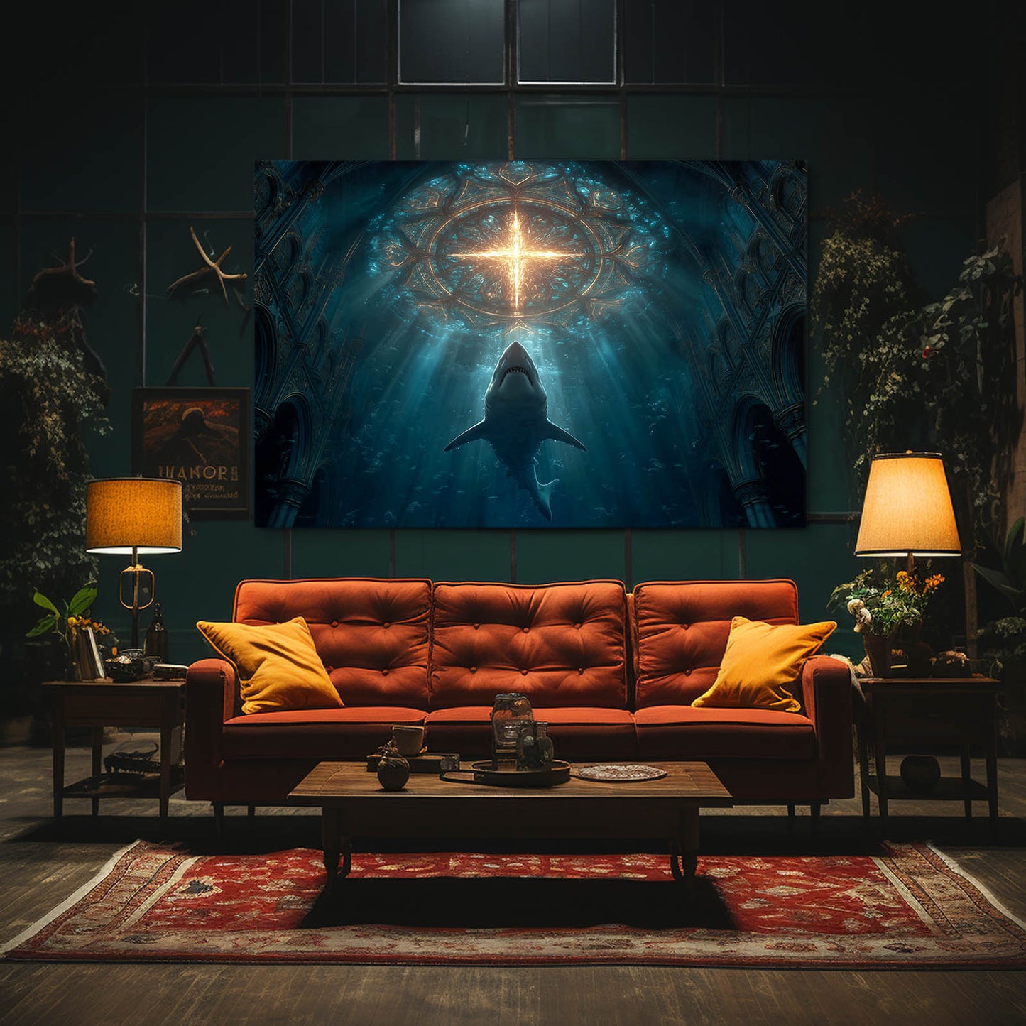 Sacred Light Cathedral Shark Wall Art – styled in a furnished interior