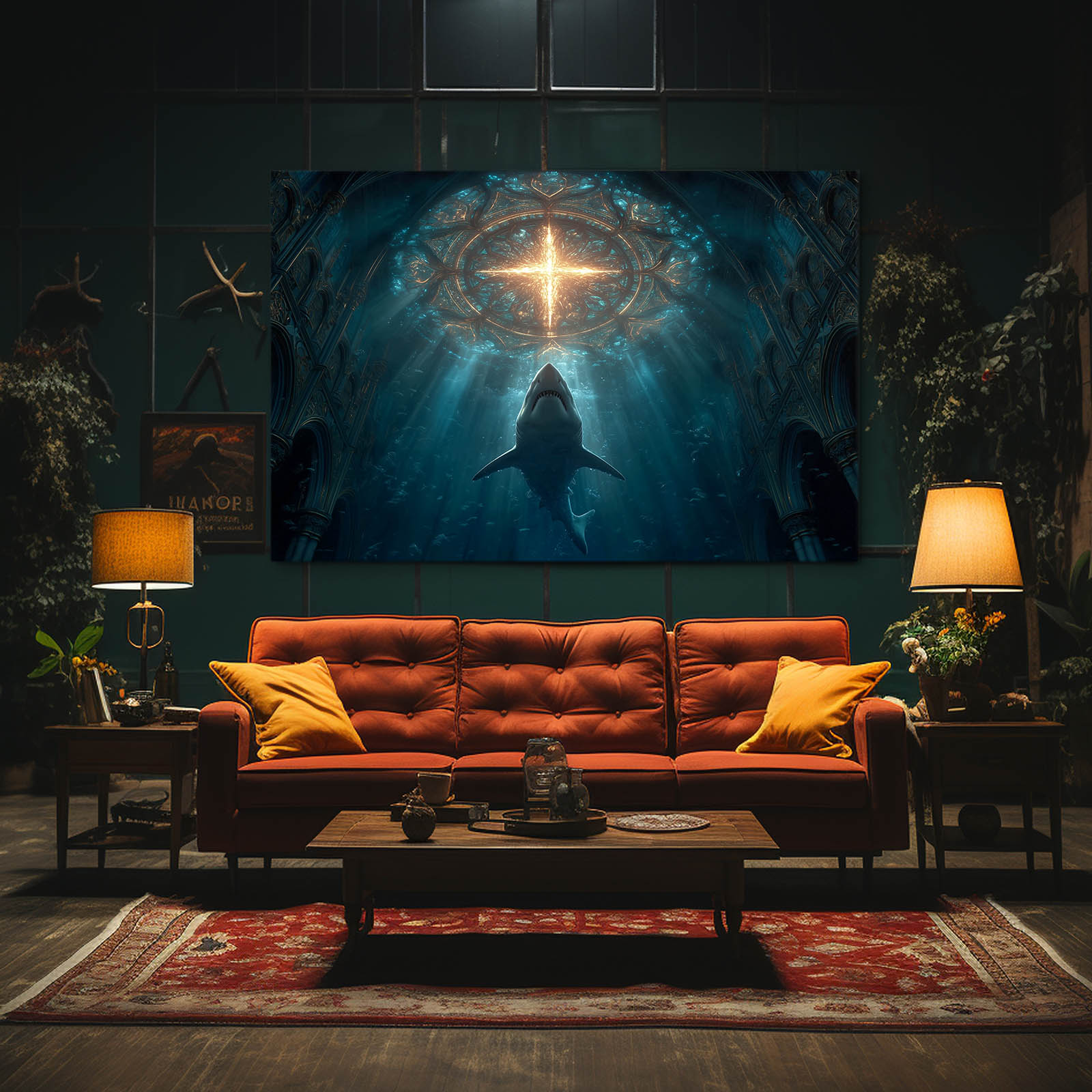 Sacred Light Cathedral Shark Wall Art – styled in a furnished interior
