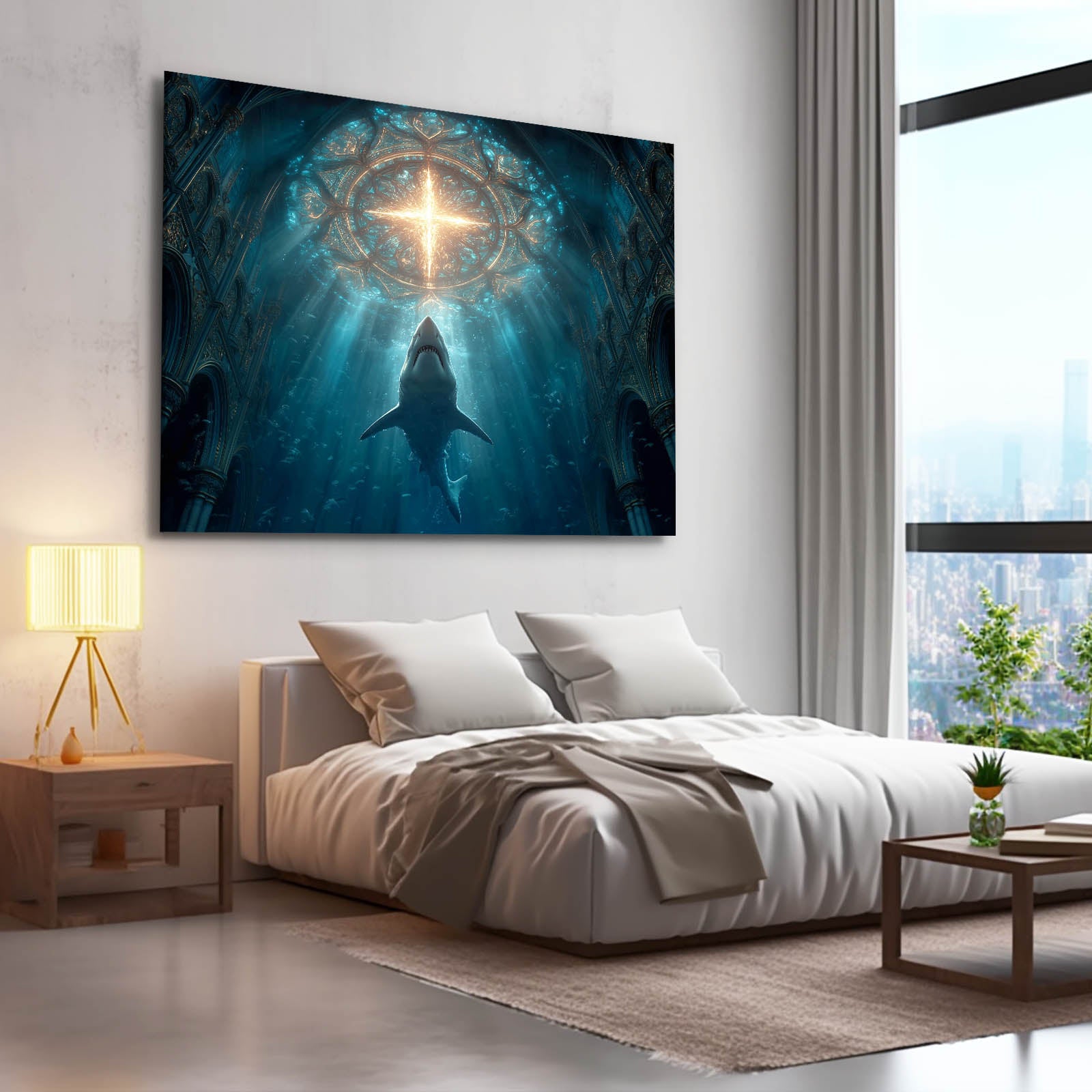 Sacred Light Cathedral Shark Wall Art – styled in a furnished interior