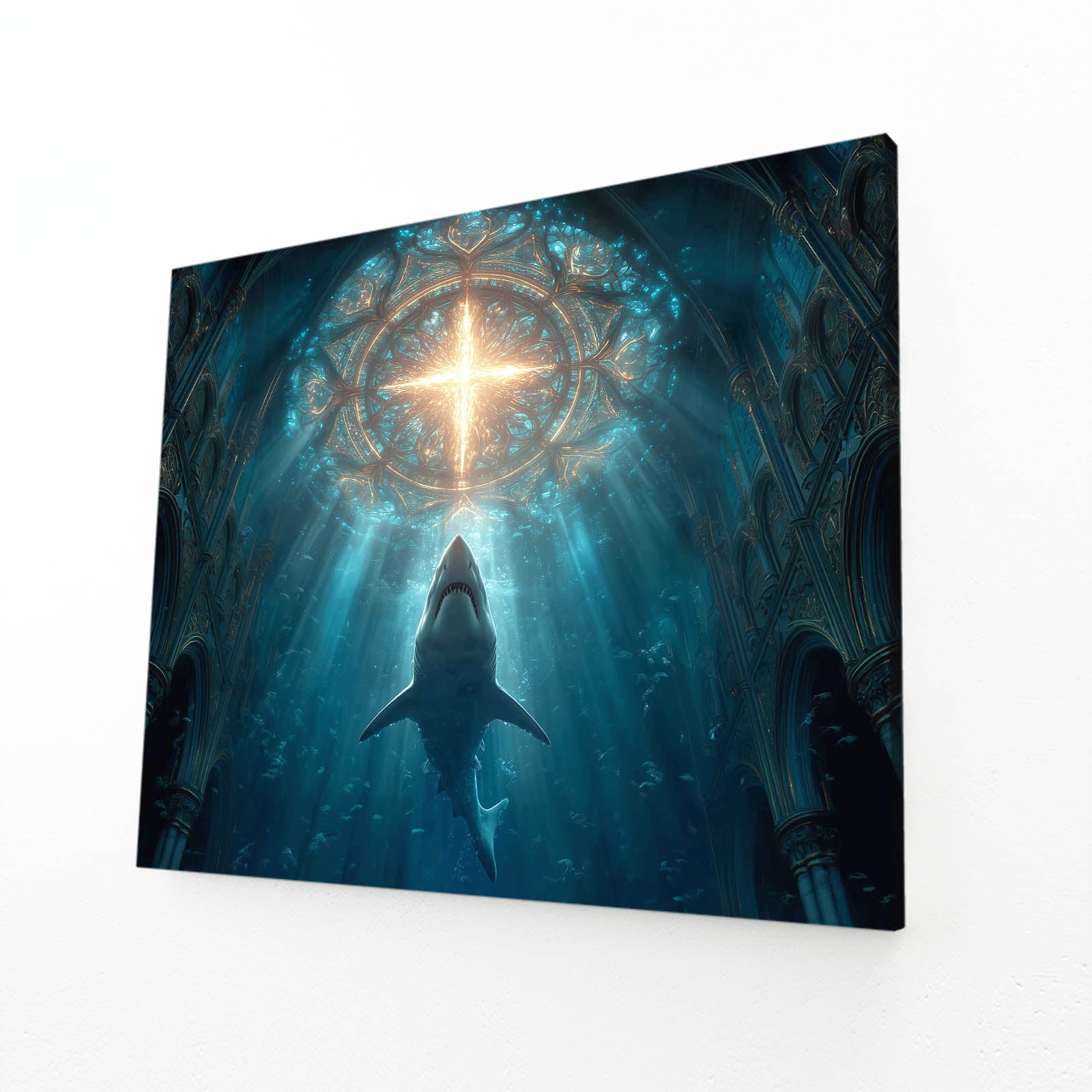 Sacred Light Cathedral Shark Wall Art – angled canvas view on white background