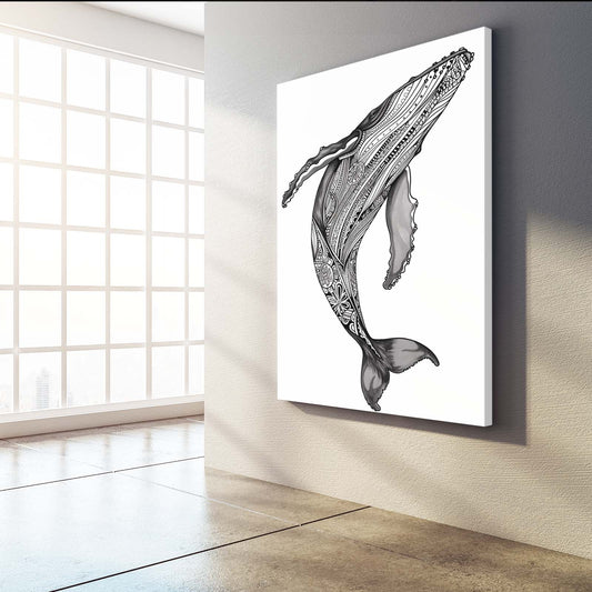 Sacred Whale Patterns Art — line canvas print in white tones, view 3