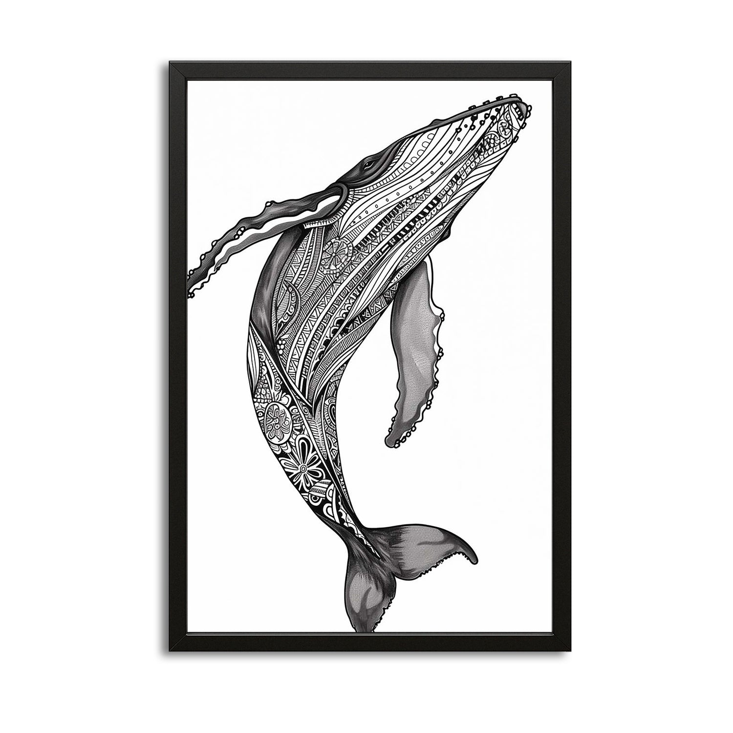 Sacred Whale Patterns Art — line canvas print in white tones, with Premium Black frame on white background