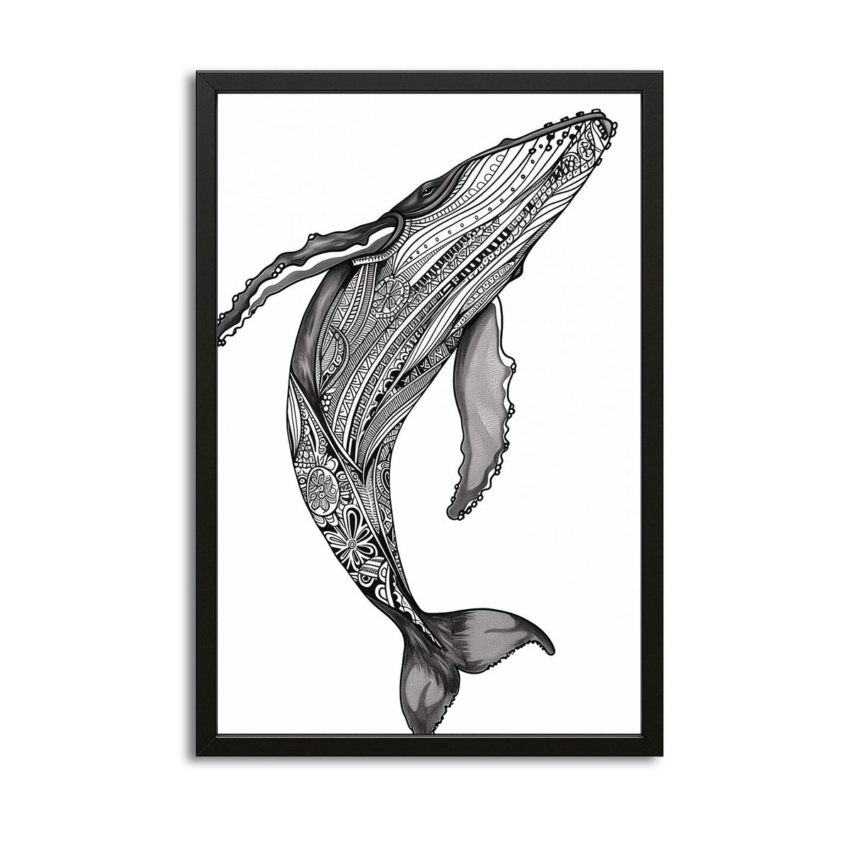 Sacred Whale Patterns Art — line canvas print in white tones, with Premium Black frame on white background
