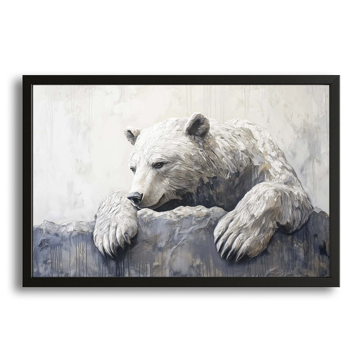 Sad Bear Art — contemporary canvas print in white tones, with Premium Black frame on white background