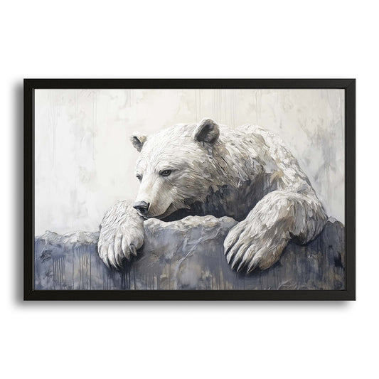 Sad Bear Art — contemporary canvas print in white tones, with Premium Black frame on white background