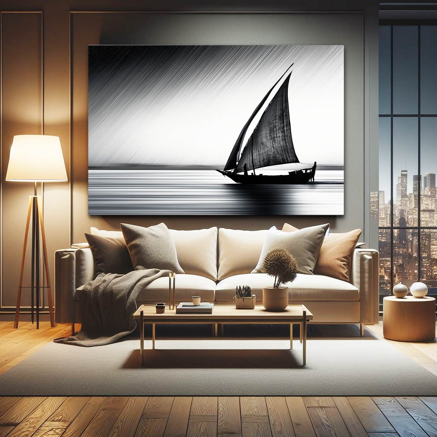 Sailboat Minimalist Seascape Photography Wall Decor – styled in a furnished interior