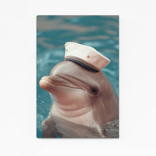 Sailor Cap Dolphin Print – grinning dolphin wearing a white sailor cap above teal water