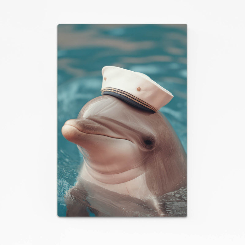Sailor Cap Dolphin Print – grinning dolphin wearing a white sailor cap above teal water