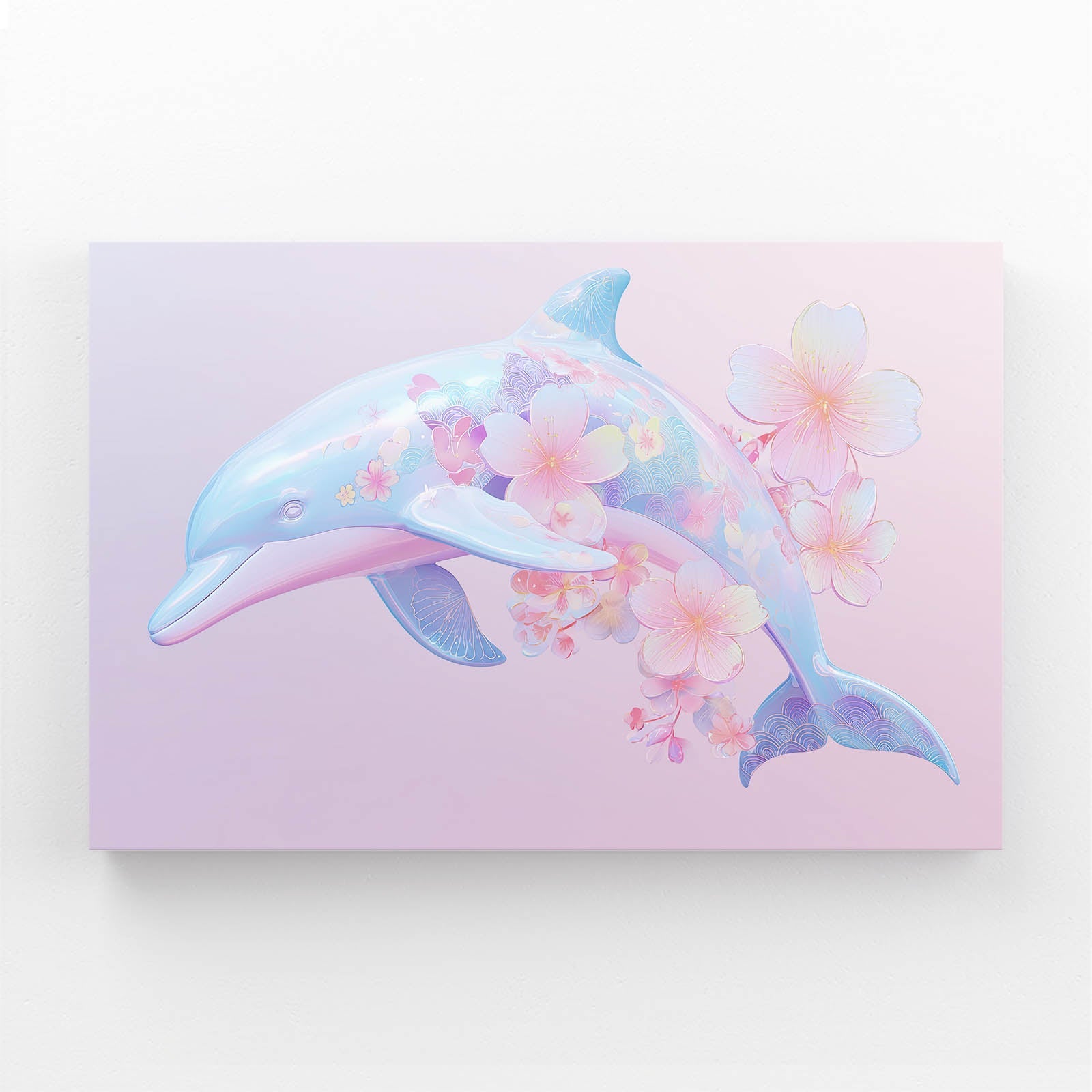 Sakura Pastel Dolphin Wall Decor – pastel dolphin drifting among cherry blossoms on a soft pink background
