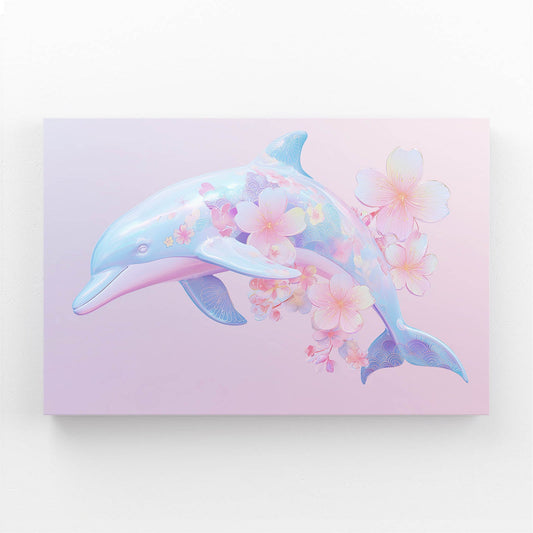 Sakura Pastel Dolphin Wall Decor – pastel dolphin drifting among cherry blossoms on a soft pink background