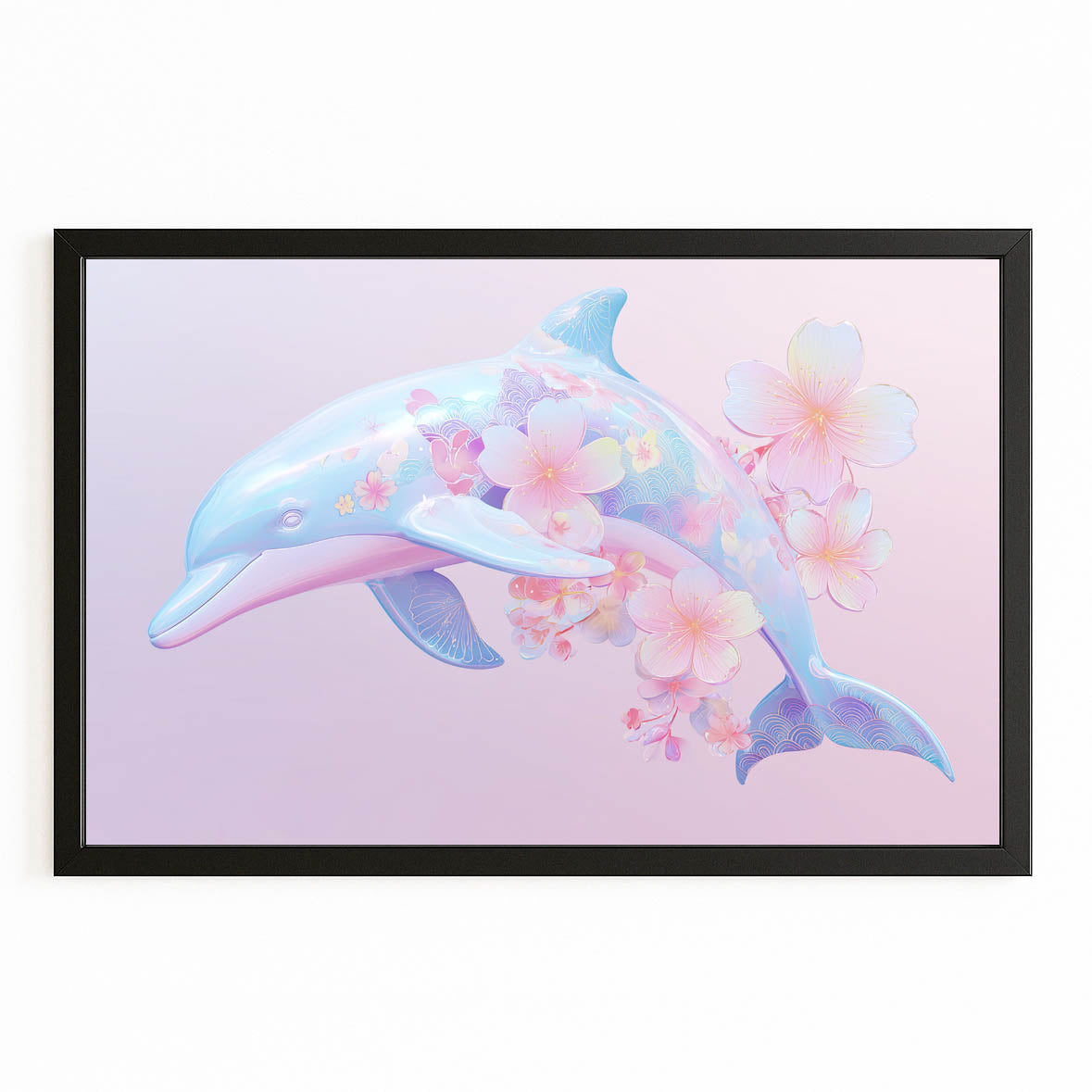 Sakura Pastel Dolphin Wall Decor – with Premium Black wood frame on white background