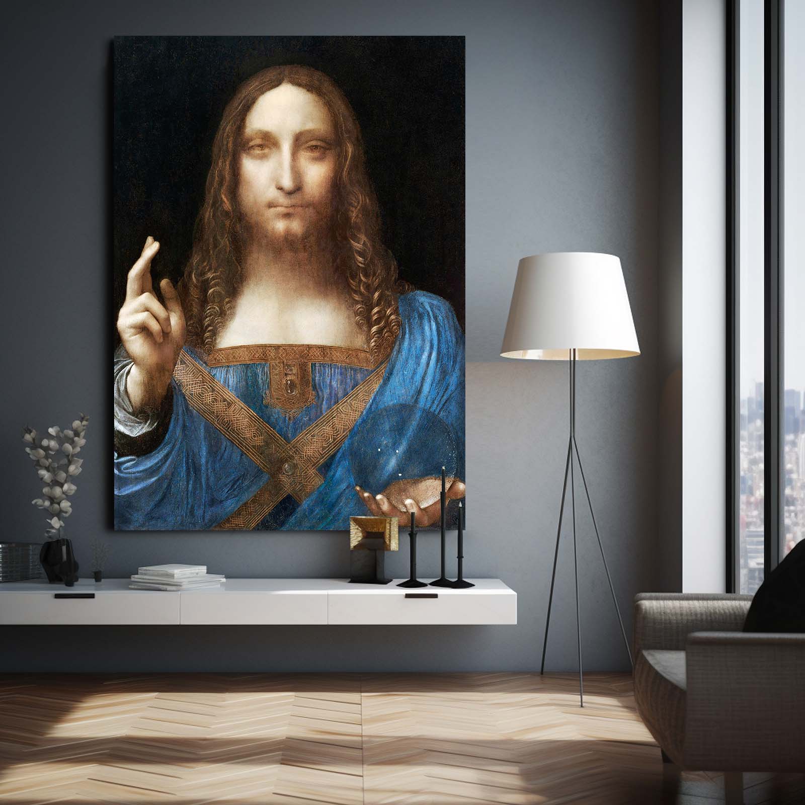 Salvator Mundi Da Vinci Wall Decor – styled in a furnished interior