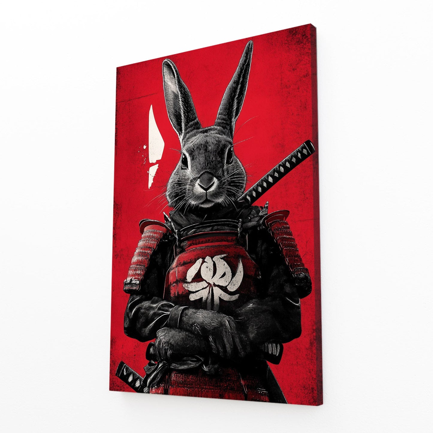 Samurai Bunny Wall Art – angled canvas view on white background