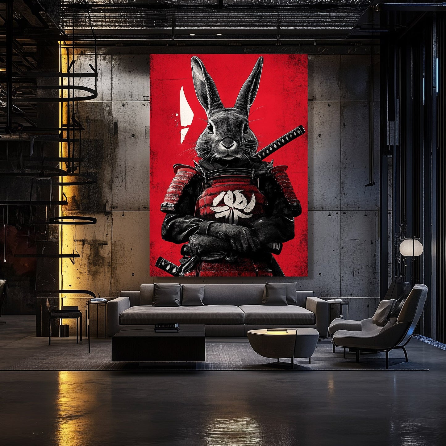 Samurai Bunny Wall Art – angled canvas view on white background