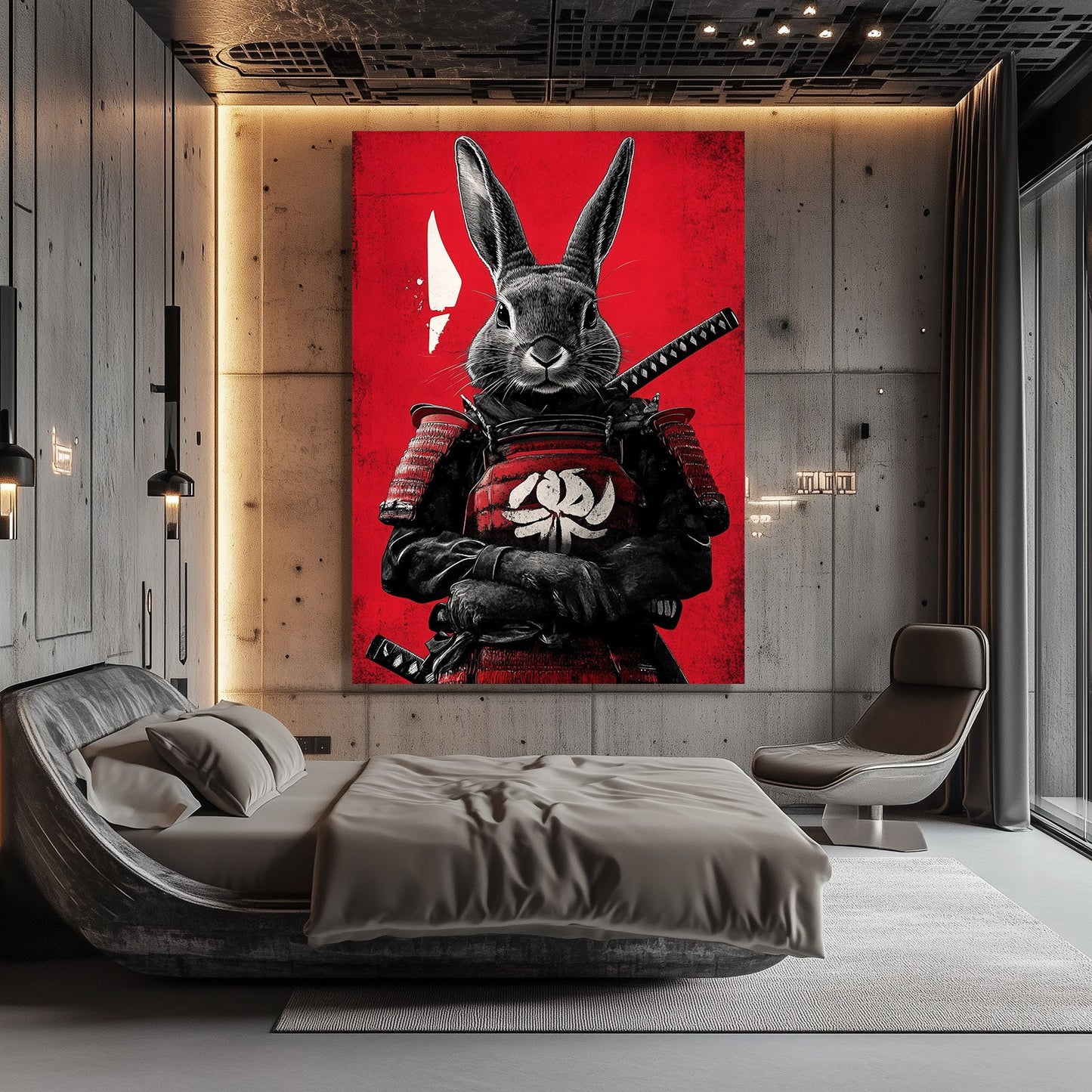 Samurai Bunny Wall Art – angled canvas view on white background