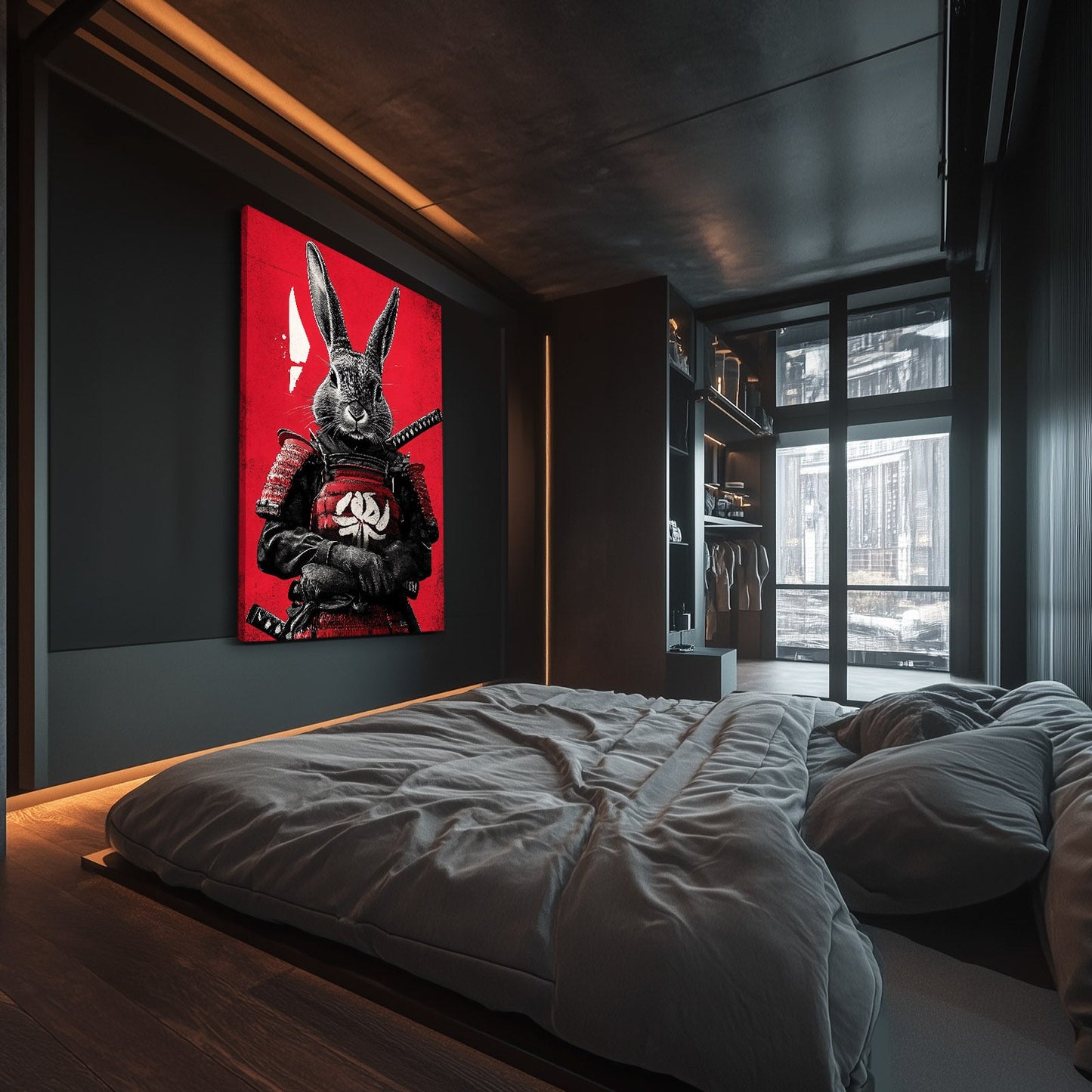 Samurai Bunny Wall Art – angled canvas view on white background