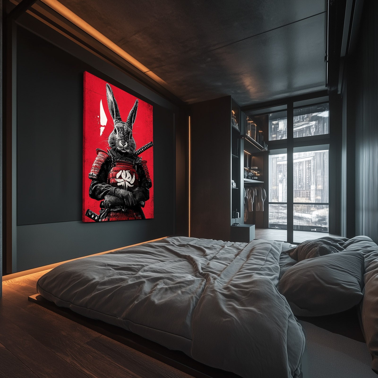 Samurai Bunny Wall Art – angled canvas view on white background