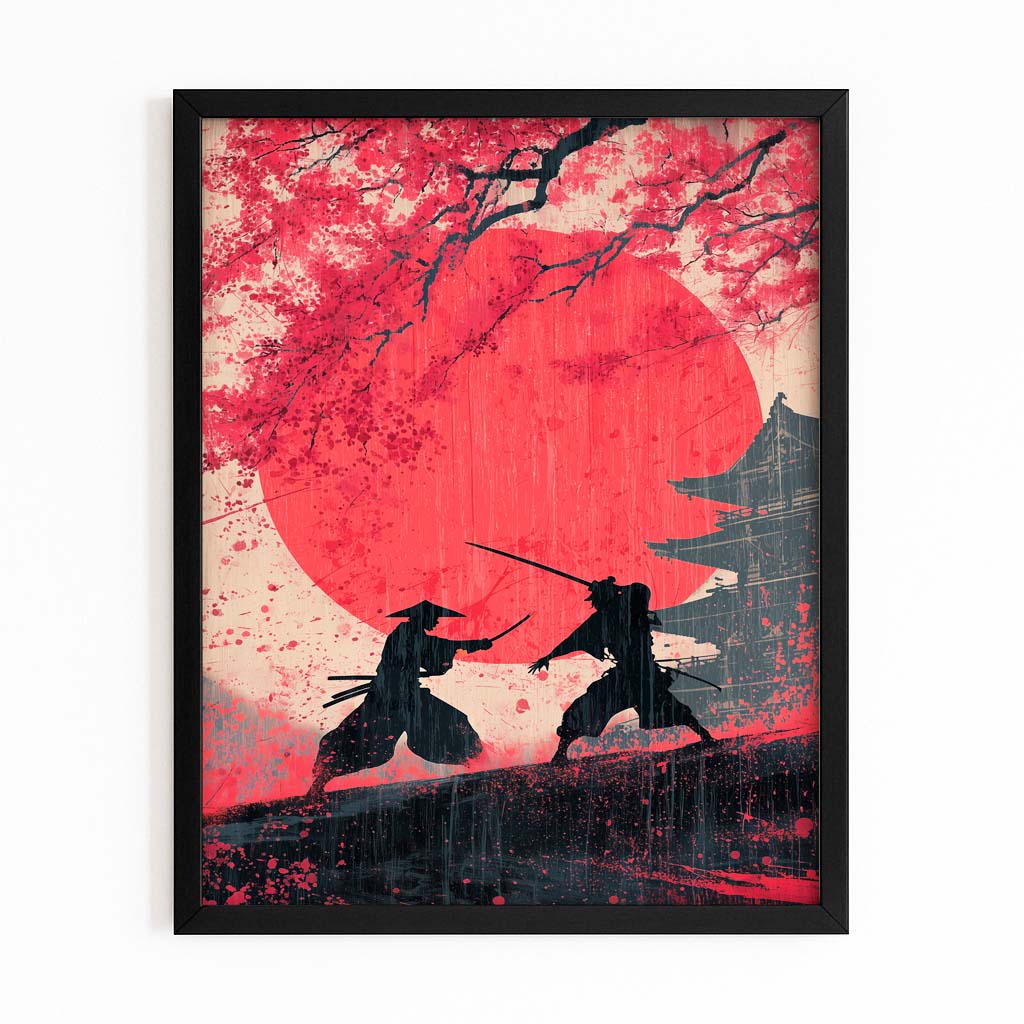 Samurai Duel Cherry Blossom Wall Decor – with Premium Black frame on white background