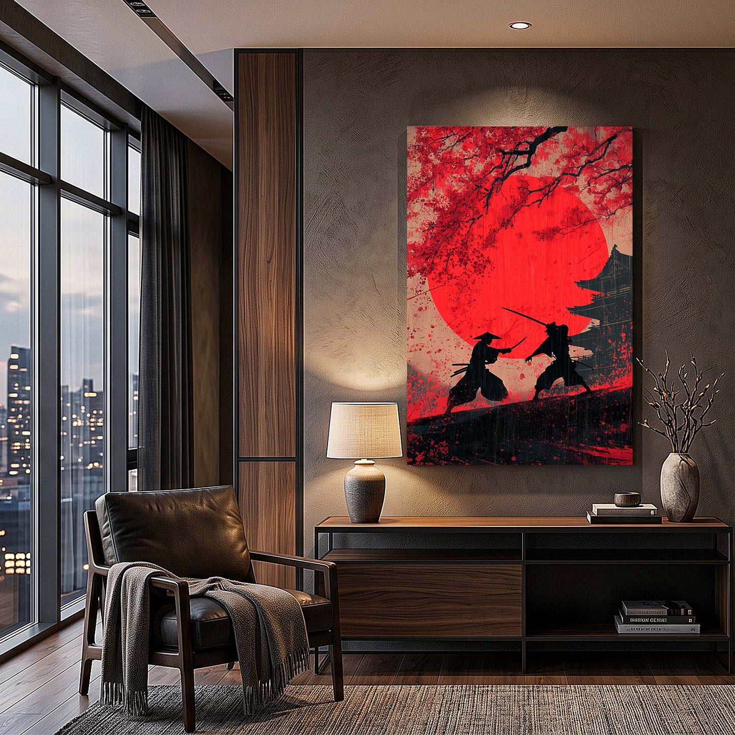 Samurai Duel Cherry Blossom Wall Decor – styled in a furnished interior