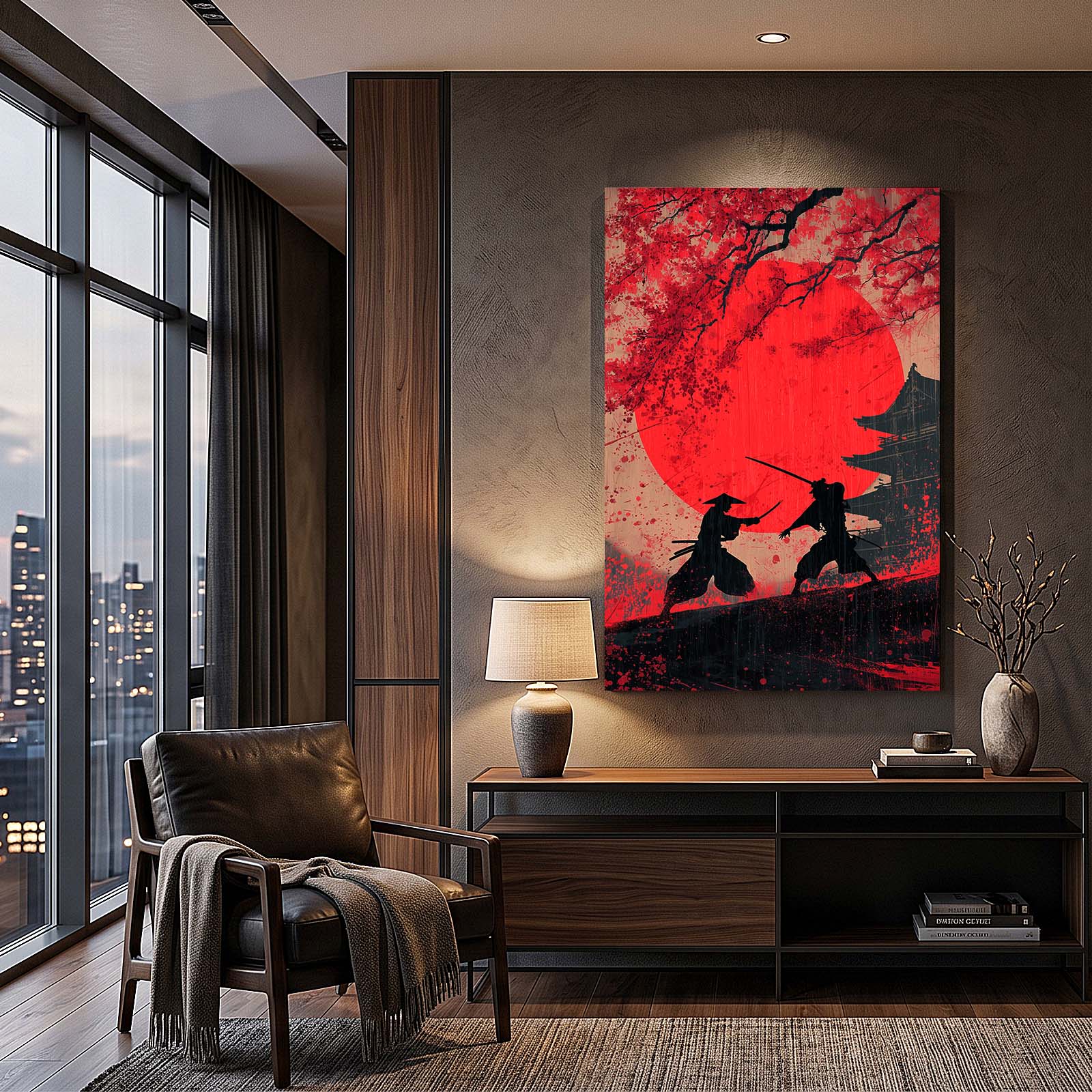 Samurai Duel Cherry Blossom Wall Decor – styled in a furnished interior