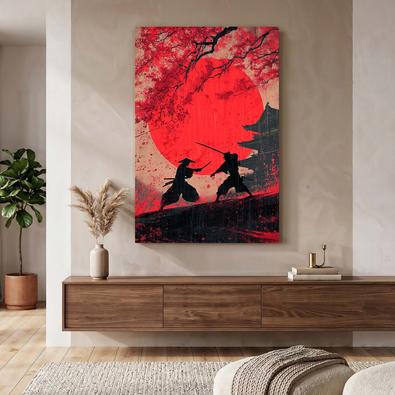 Samurai Duel Cherry Blossom Wall Decor – styled in a furnished interior