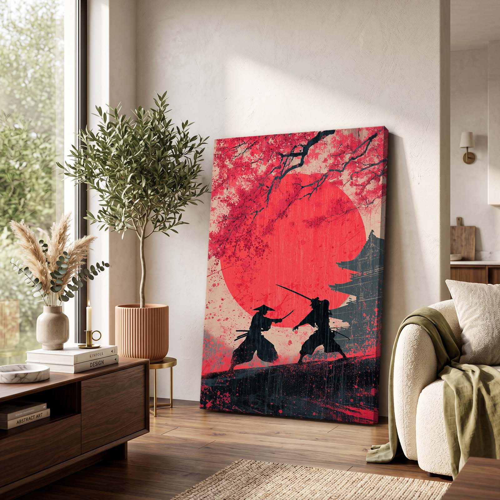Samurai Duel Cherry Blossom Wall Decor – styled in a furnished interior