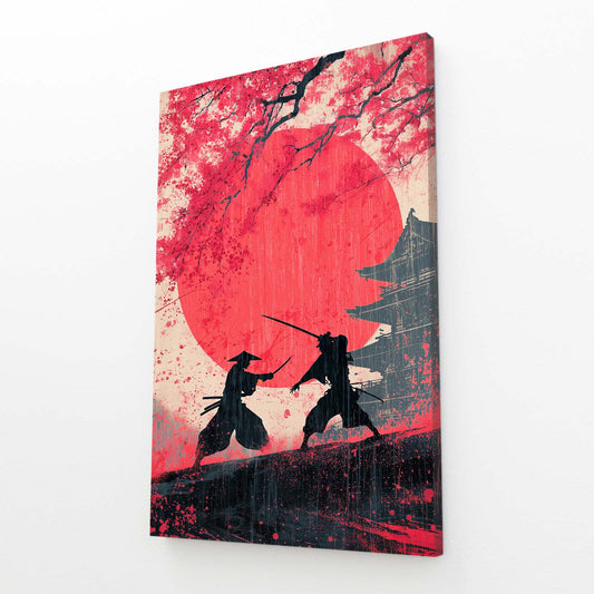 Samurai Duel Cherry Blossom Wall Decor – angled canvas view on white background