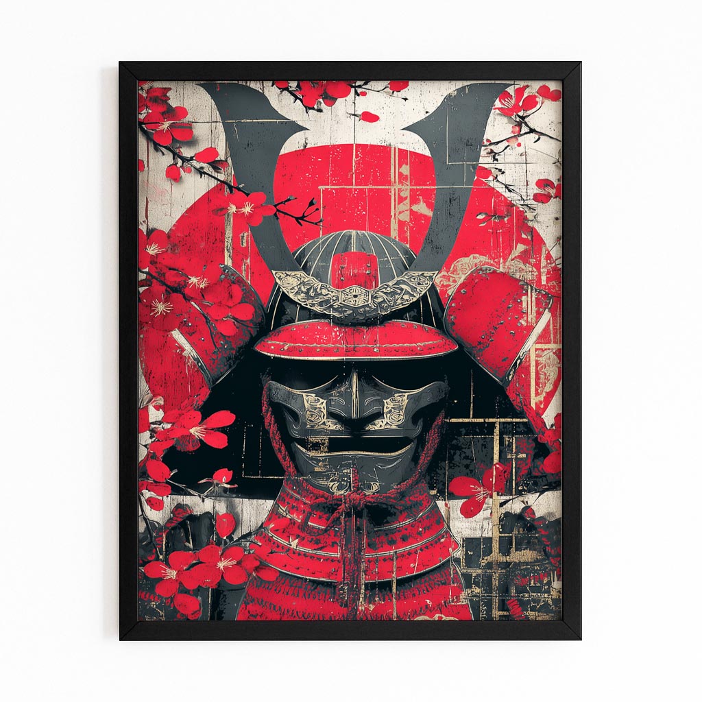 Samurai Helmet Cherry Blossom Art – with Premium Black frame on white background