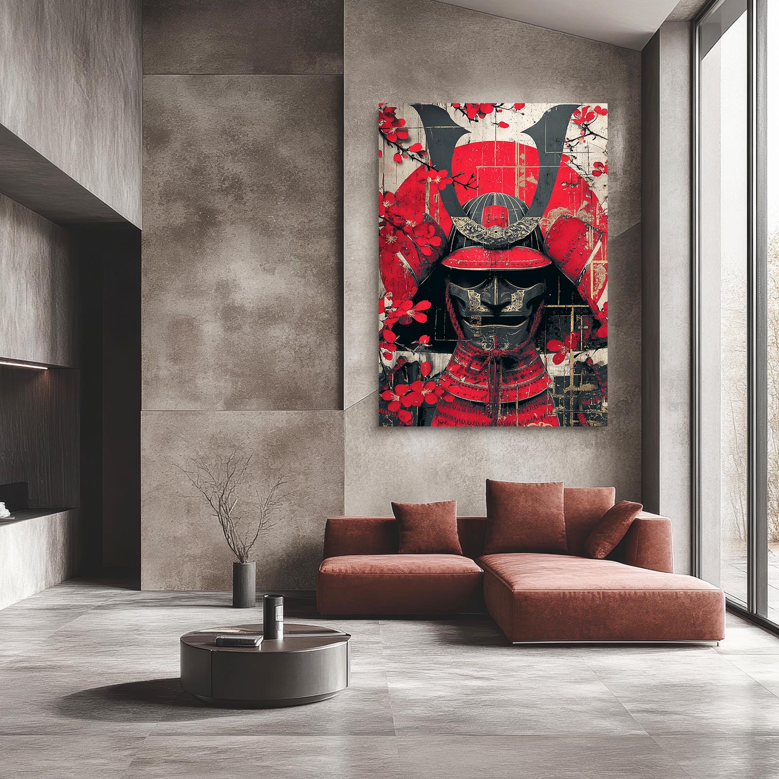 Samurai Helmet Cherry Blossom Art – styled in a furnished interior