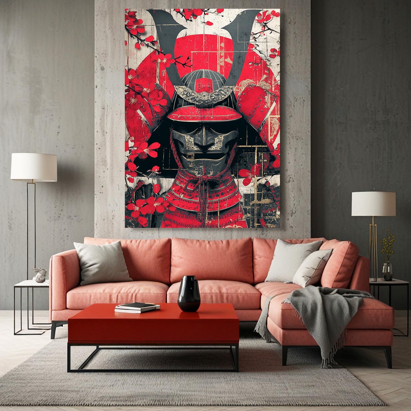 Samurai Helmet Cherry Blossom Art – styled in a furnished interior